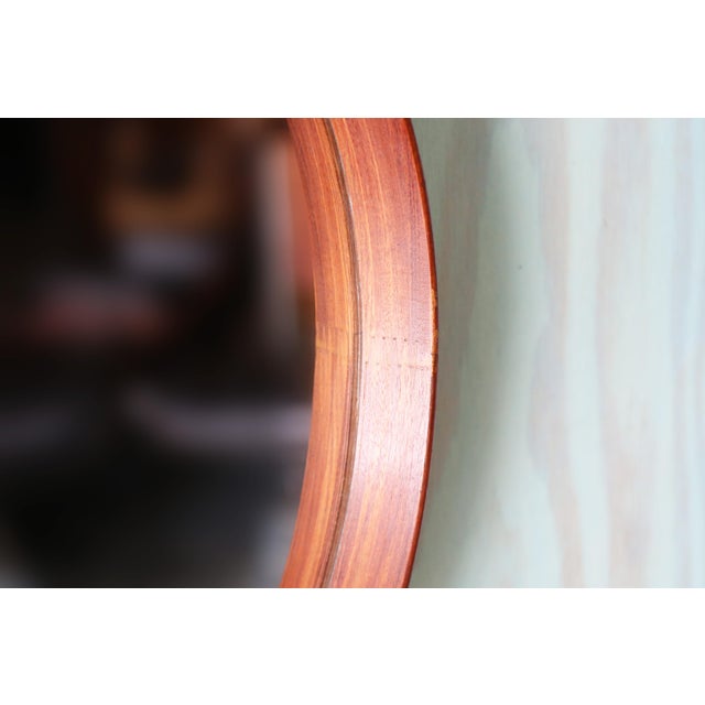 1950s 1950s Danish Mid Century Modern Round Solid Teak Mirror With Leather Strap 31" For Sale - Image 5 of 7