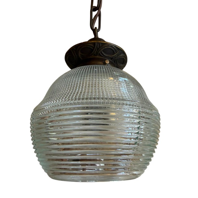 Vintage Halophane Hanging Pendant Light Fixtures - Pair For Sale - Image 10 of 10