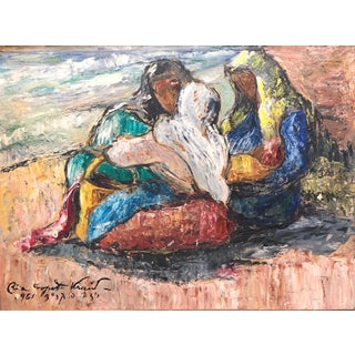 Risa Propst Kraid, Romanian Israeli Modernist Oil Painting Expressionist Figures Mothers and Babies, 1961 For Sale