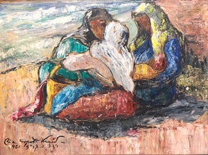 Risa Propst Kraid, Romanian Israeli Modernist Oil Painting Expressionist Figures Mothers and Babies, 1961