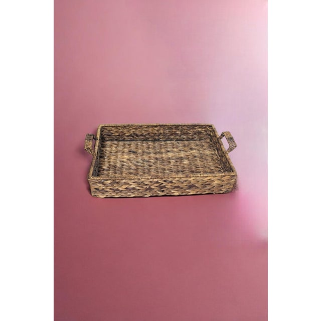 1970s Vintage Rustic Woven Tray Basket With Handles For Sale - Image 4 of 5