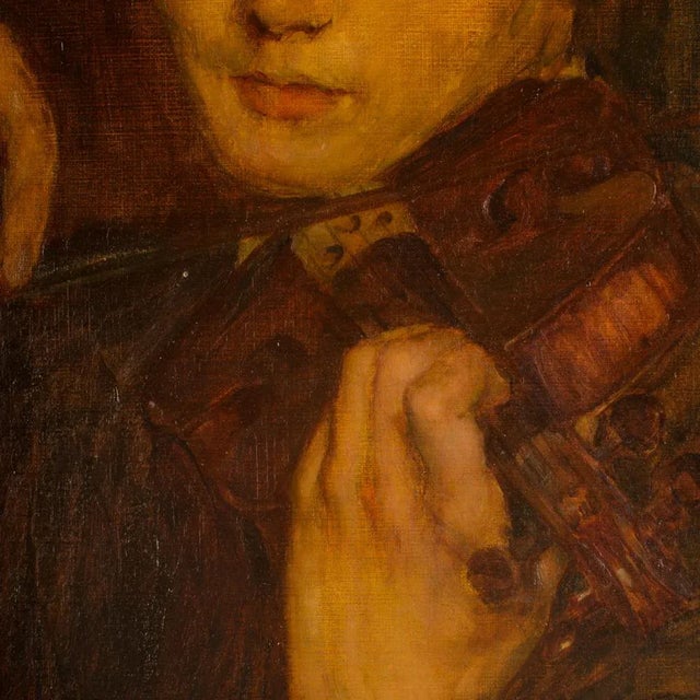 Textile Early 20th Century Portrait of a Young Musician Oil Painting by Leonard Watts For Sale - Image 7 of 11