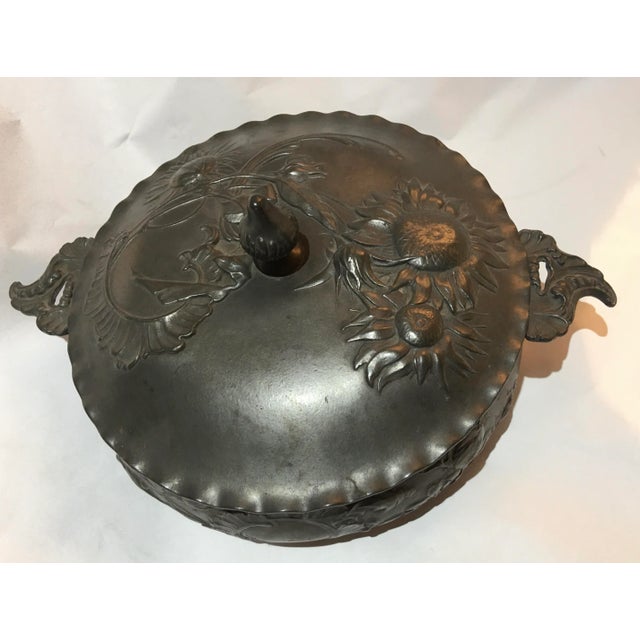 A very beautiful vintage Art Nouveau pewter bowl and lid by Kayserzinn. Floral and fruit decorations. An important period...