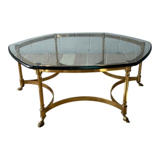 Mid Century Italian Round Hexagon Coffee Table With Brass Base, 1970s For Sale