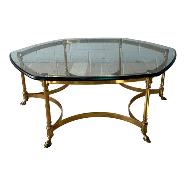 Mid Century Italian Round Hexagon Coffee Table With Brass Base, 1970s For Sale