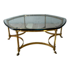 Mid Century Italian Round Hexagon Coffee Table With Brass Base, 1970s