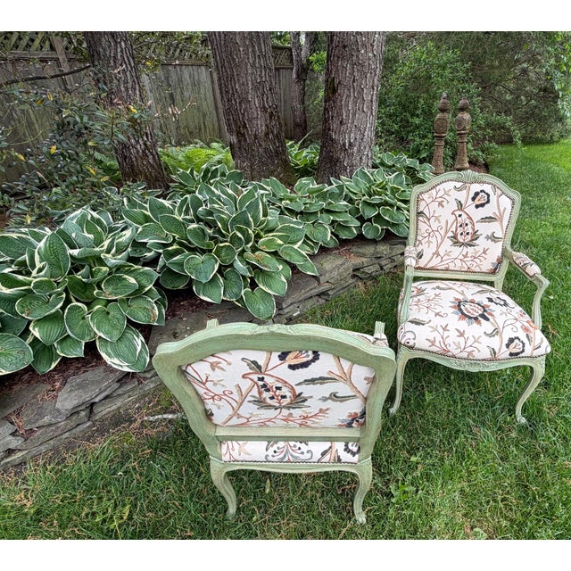 Wood Pair of Custom Botanical Floral Crewel Work Painted Fauteuil Accent Chairs in Sage Green, Ochre and Teal For Sale - Image 7 of 18