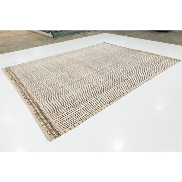 Ivory Modern Moroccan Style Wool Rug With Handmade Linear Pattern For Sale - Image 4 of 11