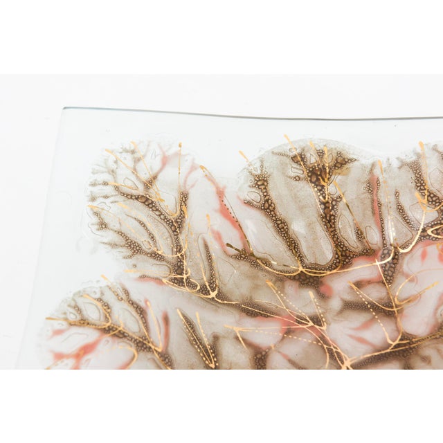 Gold Vintage Signed Higgins Fused Glass Square Tree Branches Bowl Brown, Coral, Gold MCM For Sale - Image 8 of 10