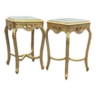 1970 French Louis XVI Gold Beech Marble Side Tables - Pair of 2 PCS For Sale