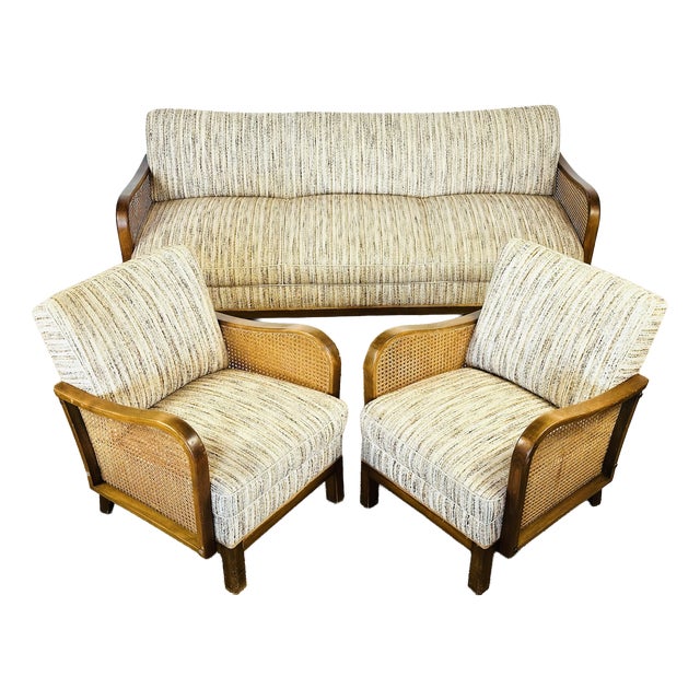 Art Deco Living Room Set in Curved Wood with Tweed and Cane, 1950s, Set of 3 For Sale