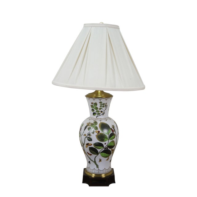 Circa 1980's Wildwood table lamp - Chinoiserie style white porcelain vase shaped body, hand painted with leaves, branches...