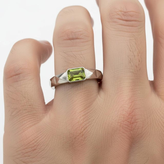 Silver, Gold Round Peridot Ring For Men's. Mens Solitaire Peridot Ring. Emerald Cut Peridot Ring. Metal: 925 silver plus...