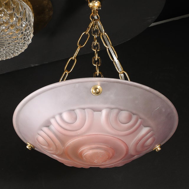 Art Deco Frosted Geometric Rose Glass Brass Fitted Pendant Chandelier For Sale - Image 12 of 17