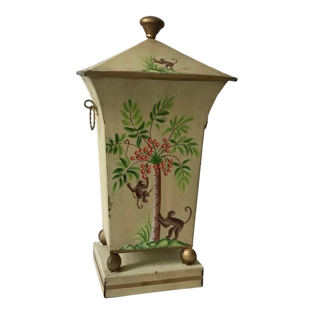 Vintage Chinoiserie Tole Covered Cachepot or Vase Painted With Monkeys For Sale