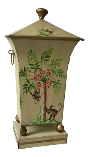 Vintage Chinoiserie Tole Covered Cachepot or Vase Painted With Monkeys