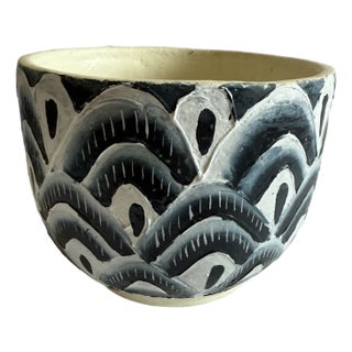 Hand-Painted Ceramic Bowl – Navy, Black & White Pattern For Sale