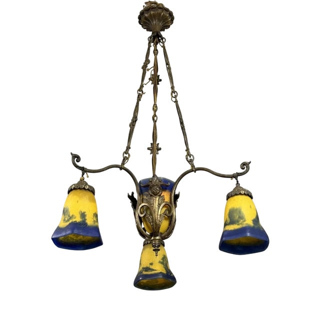 Art Nouveau Bronze and Glass Paste Chandelier attributed to Muller for Lafite, 1900 For Sale