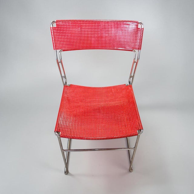 Vintage 1970s Red Perforated Mesh & Chrome Stacking Dining Chairs – Set of 3 For Sale - Image 9 of 10