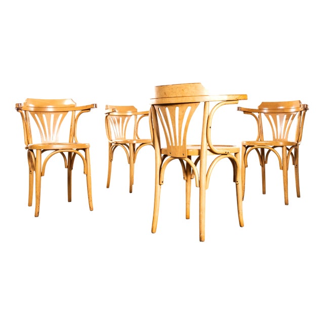 Blonde Fan Back Armchairs with Patterned Seat, 1950s, Set of 4 For Sale