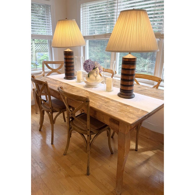 English Turned Wood Barrel Form Table Lamps With Shades, Set of 2 For Sale - Image 3 of 18