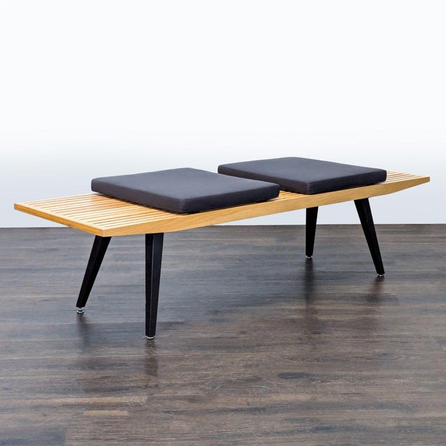 Mid-Century Modern Mid-Century Slatted Wood Bench With Cushions For Sale - Image 3 of 5