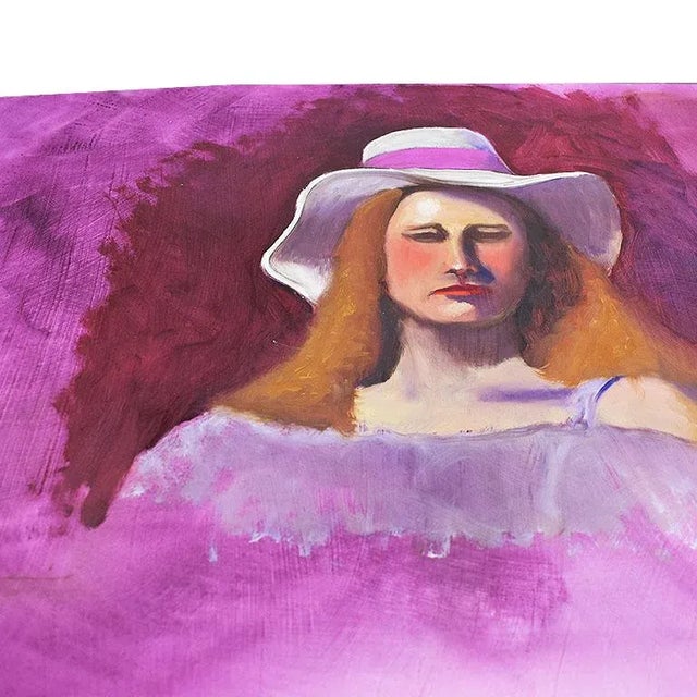 Paper Hot Pink Portrait Painting of a Woman - 1970s 23" X 17.5" For Sale - Image 7 of 9