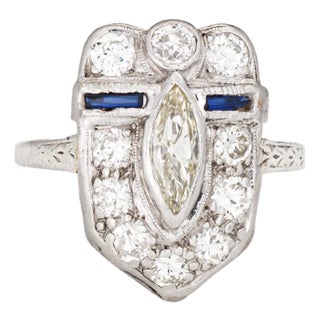 Vintage Art Deco Diamond Sapphire Sheild Ring Sz 5.75 Platinum Jewelry 1920s For Sale