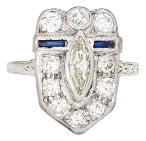 Vintage Art Deco Diamond Sapphire Sheild Ring Sz 5.75 Platinum Jewelry 1920s
