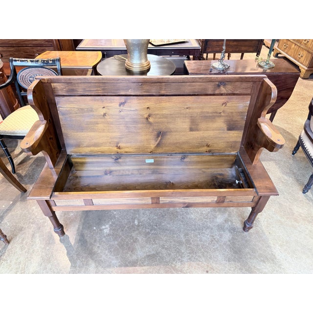 Vintage Pine Box Settle Storage Bench With Lift-Top Blanket Chest For Sale - Image 4 of 7