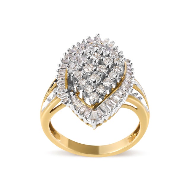 10K Yellow Gold 1.0 Cttw Round and Baguette-Cut Diamond Cluster Ring, Size 7 For Sale - Image 4 of 6