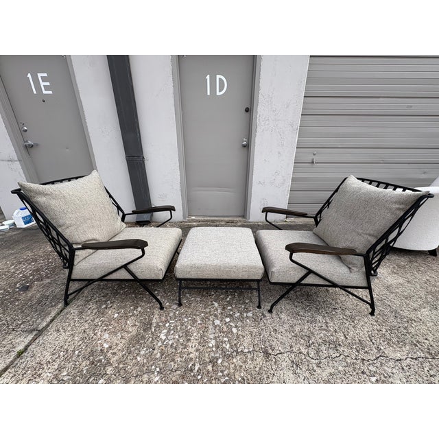 Pair Of Italian Maurizio Tepestini Wrought Iron Chairs And Ottoman Offered is a splendid Italian set of two hand forged...