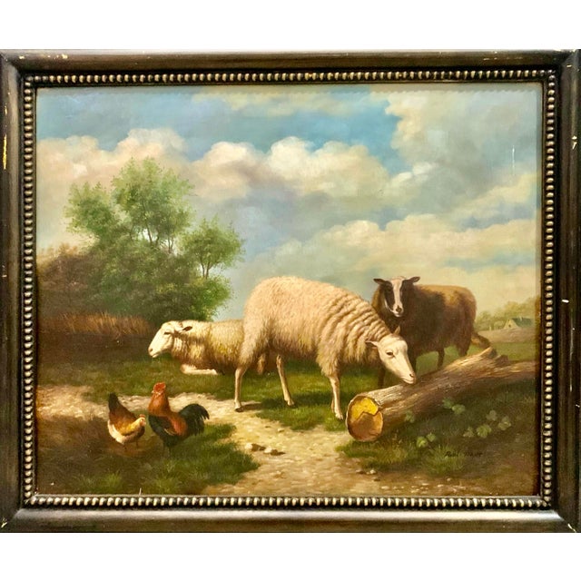 Late 20th Century Painting Chicken and Sheep Oil on Canvas Signed and Framed Large Vintage Fine Art For Sale - Image 4 of 8
