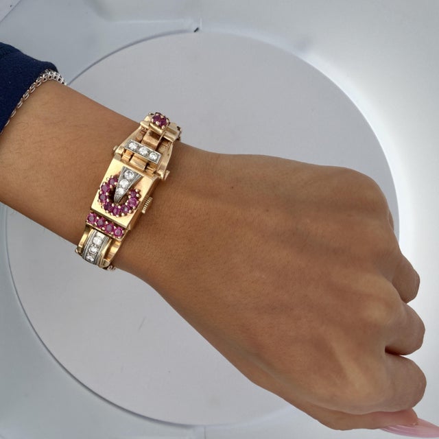 Mid 20th Century Mercedes Signed 14k Gold Ruby & Diamond Art Deco Hidden Watch Bracelet For Sale - Image 12 of 14