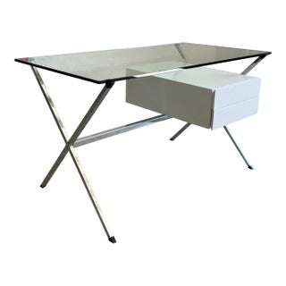 Vintage White Lacquer, Chrome and Glass Top Desk by Franco Albini for Knoll For Sale