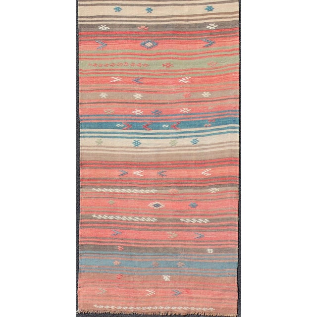 Textile Coral Blue and Beige Striped Vintage Turkish Kilim Handwoven Wool Runner For Sale - Image 7 of 12
