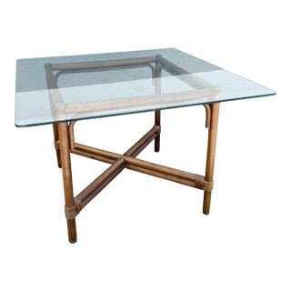 Vintage Boho Chic Rattan Square Glass Top Dining Table For Sale