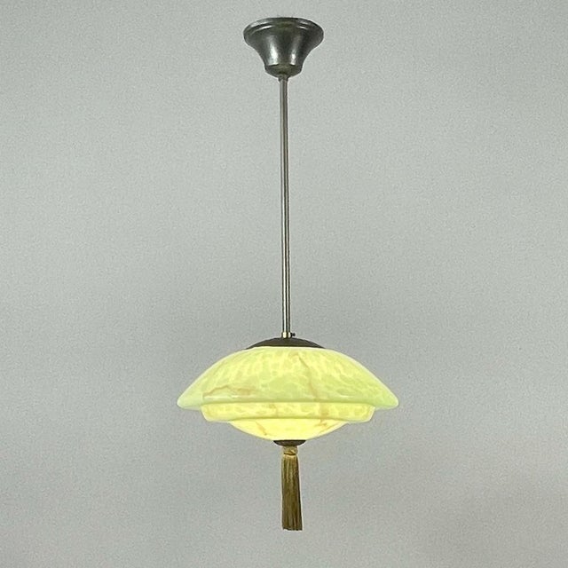 Green Marbled Opaline and Burnished Brass Pendant with Tassel, Germany, 1930s For Sale - Image 16 of 17