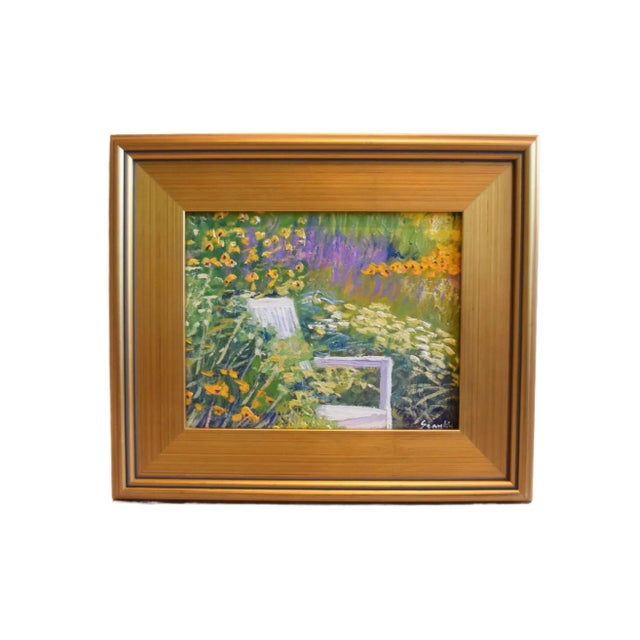2020s English Impressionist Wildflower Garden Landscape Oil Painting W/ Antiqued Gold Wood Frame For Sale - Image 5 of 7