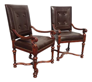 Theodore Alexander Brown Leather Library Side Chairs French Traditional - a Pair