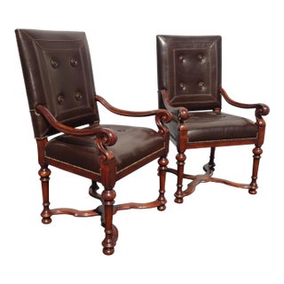 Theodore Alexander Brown Leather Tradional Arm Chairs - A Pair For Sale