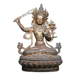 Vintage Tibetan Solid Bronze Manjushri Bodhisattva Sculpture, Seated Lotus Throne Buddha Statue, Chinoiserie Buddhist Altar Decor For Sale
