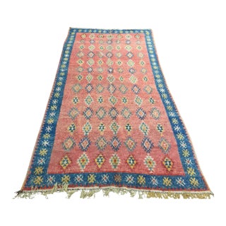 1960s Moroccan Berber Rug, Coral and Teal Geometric Wool, 4'10" × 9'10" For Sale