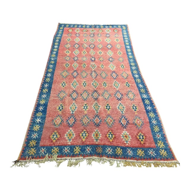1960s Moroccan Berber Rug, Coral and Teal Geometric Wool, 4'10" × 9'10" For Sale