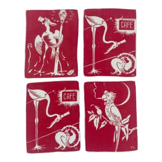 Early 20th Century Tom Lamb Art Deco Red Owl, Parrot, Pelican Barware Cocktail Napkins- Set of 4 For Sale