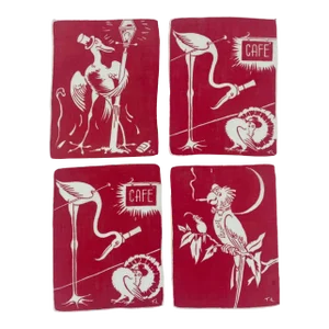Vintage Thomas Lamb Set of 4 Linen Cocktail Napkins Red White Signed