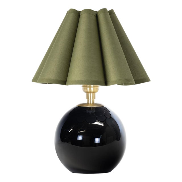 Giorgio Black Glass Mini Lamp, Natural Brass with Olive Scalloped Shade For Sale