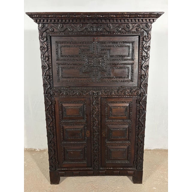 19th Century Baroque Oak Fall-Front Cabinet with Deep Carved Decoration For Sale - Image 9 of 18
