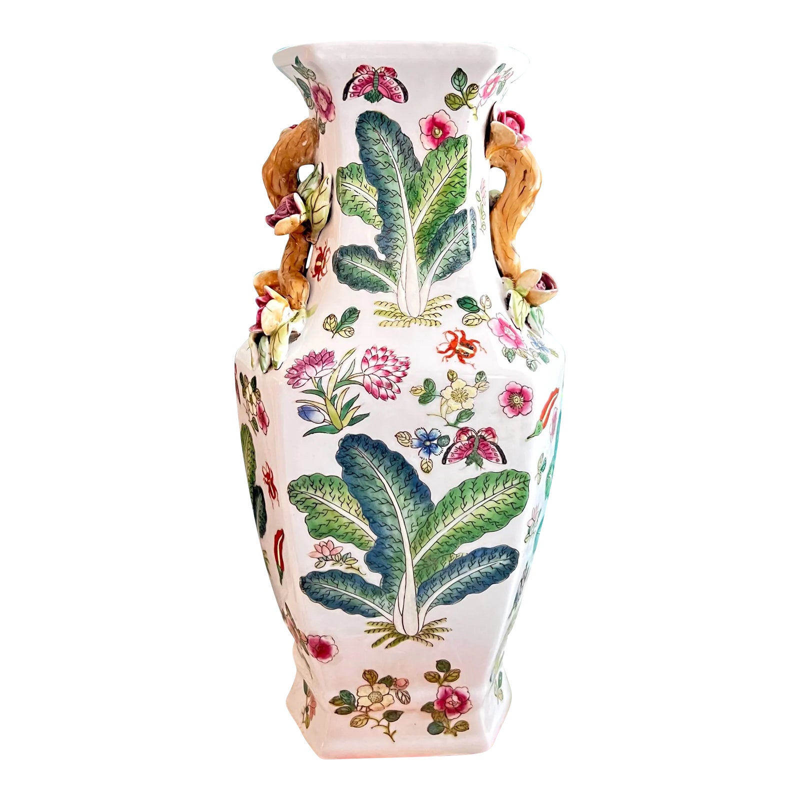 Large Chinoiserie Famille Verte Bok Choy Porcelain Vase With Floral