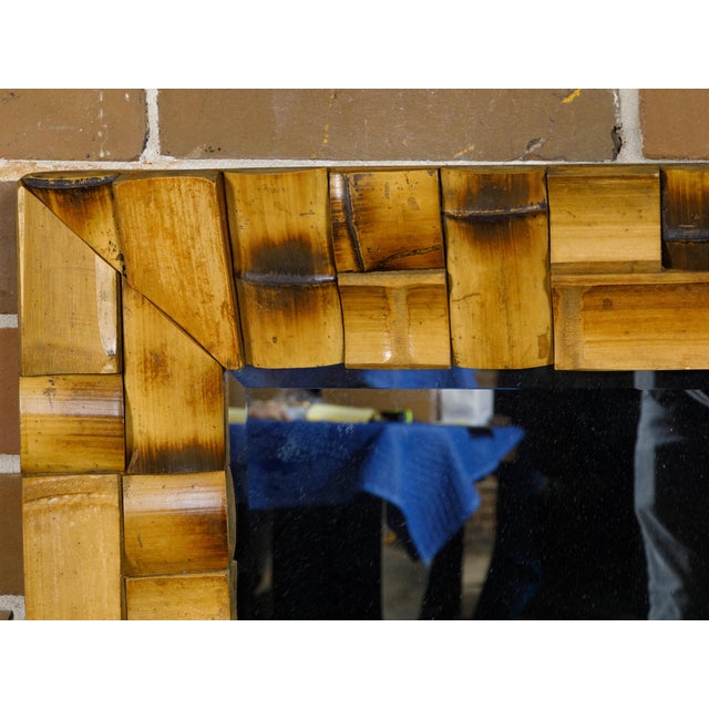 Wood Midcentury French Bamboo Wall Mirror with Geometric Mosaic Style Arrangement For Sale - Image 7 of 10